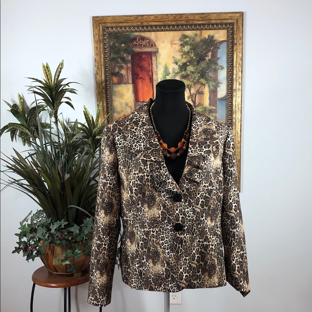 Le Suit Leopard Print Women's Blazer Lapel Shawl Collar 2 Button Front Long